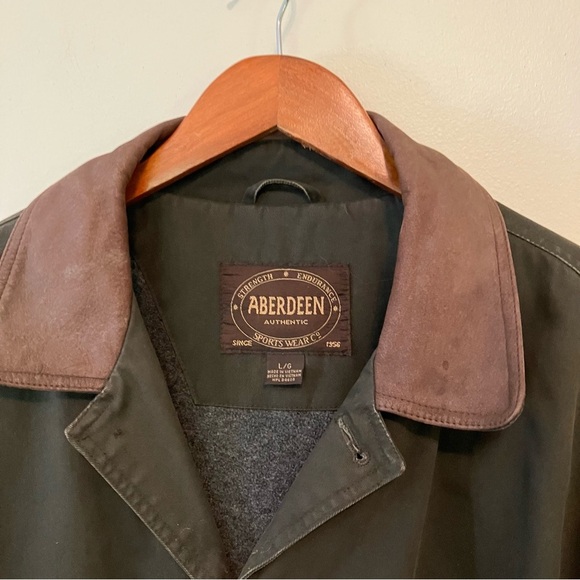 VTG Aberdeen Men’s Chore Barn Coat Jacket Sz. L Olive Green Leather Collar - Picture 2 of 11
